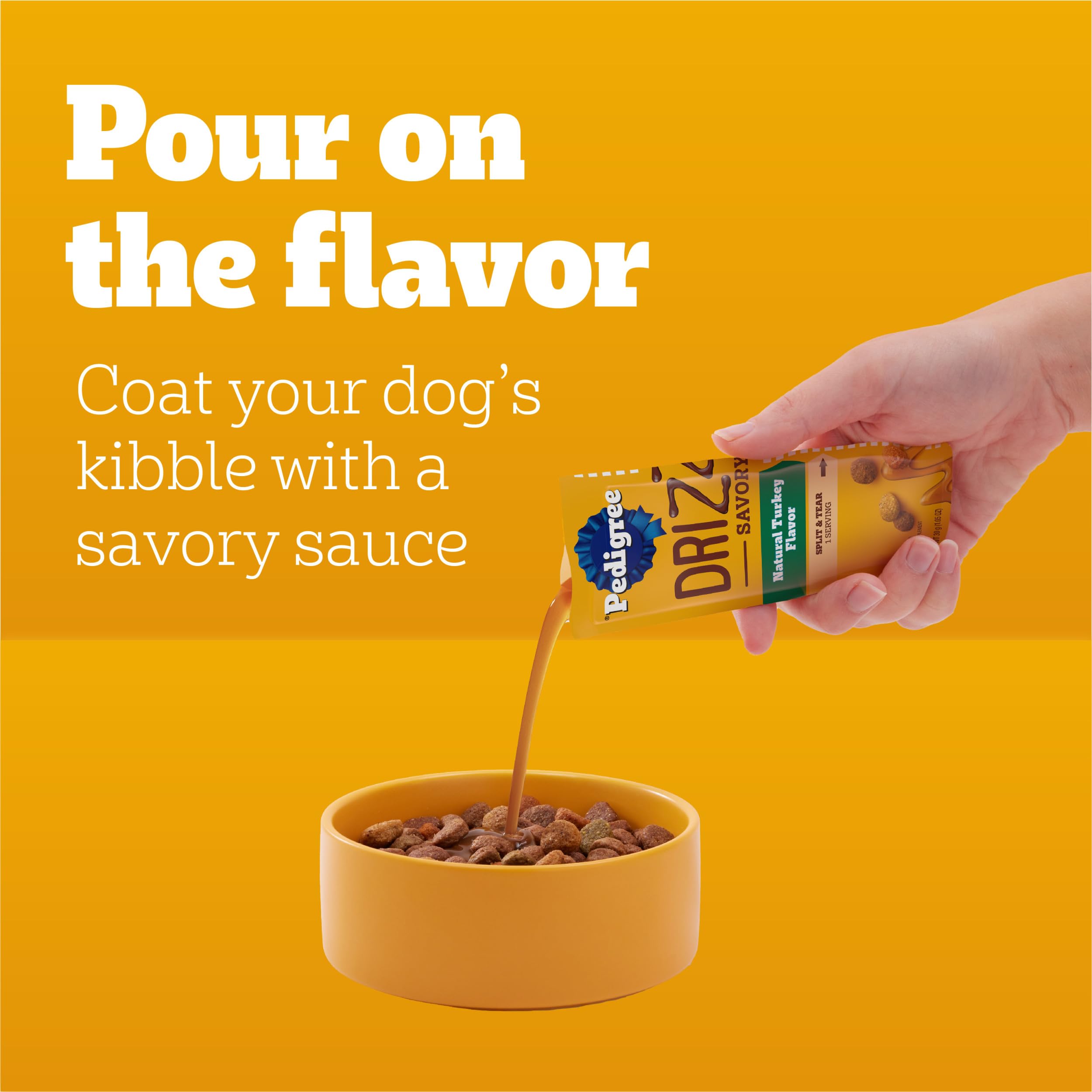 Pedigree Drizzlers savory sauce pour enhances dry kibble flavor.