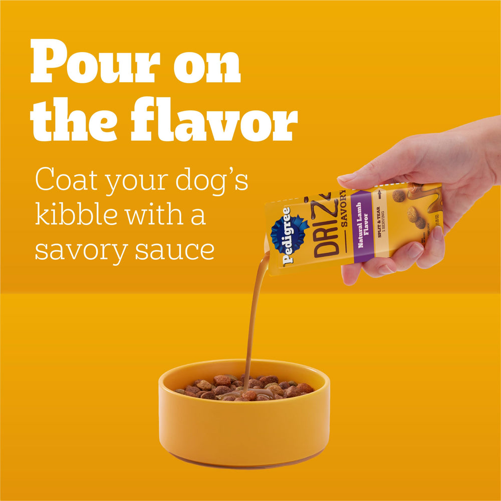 Pedigree Drizzlers Savory Sauce on dry kibble creates a glossy coating