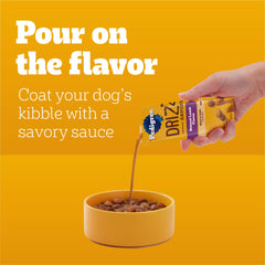 Pedigree Drizzlers Savory Sauce on dry kibble creates a glossy coating