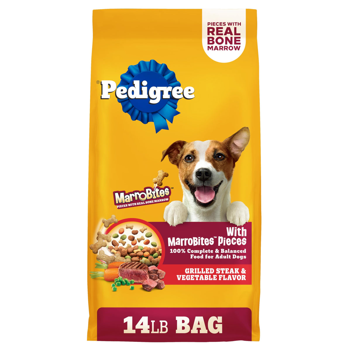 Pedigree dry dog food bag with MarroBites pieces for adult dogs, complete nutrition