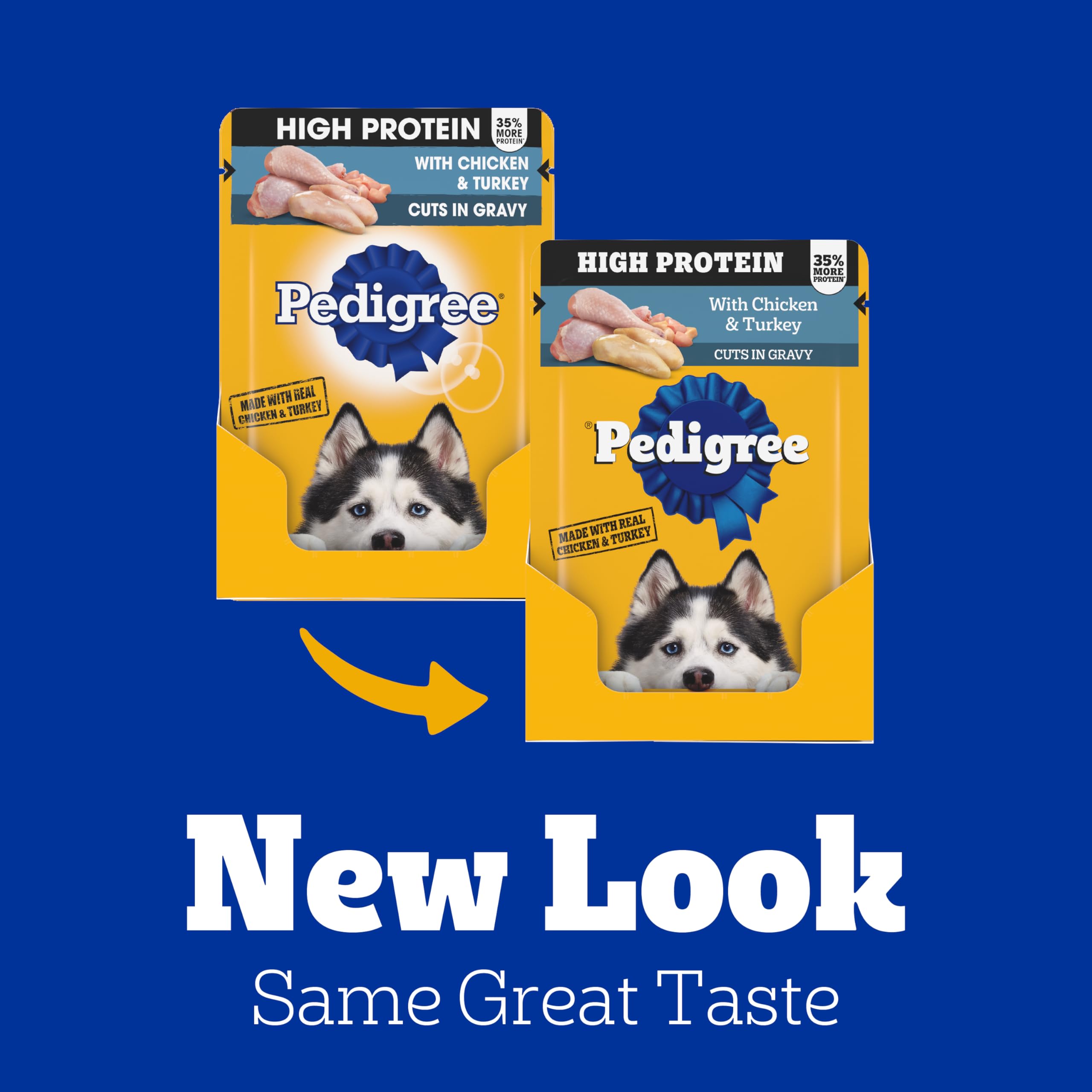 Pedigree High Protein pouch poured over kibble for variety
