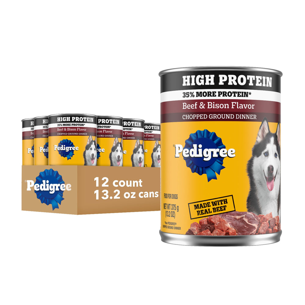 Pedigree High Protein beef-bison cans show real meat flavor for adult dogs