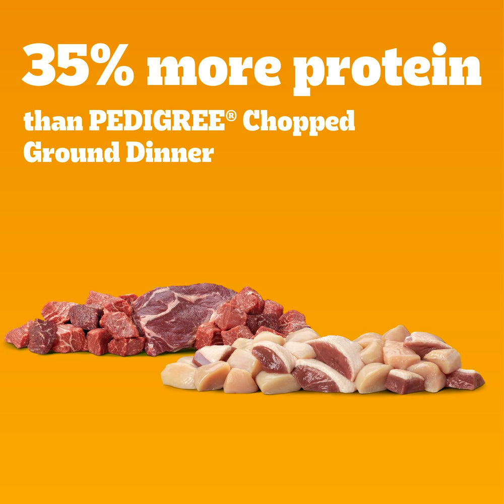 Pedigree High Protein wet dog food with beef and bison chunks for hearty meals.