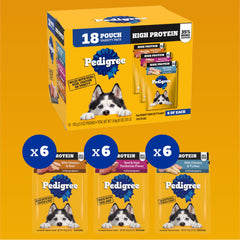 Pedigree High Protein beef-pork tenderloin cuts in gravy pouch delights daily meals.