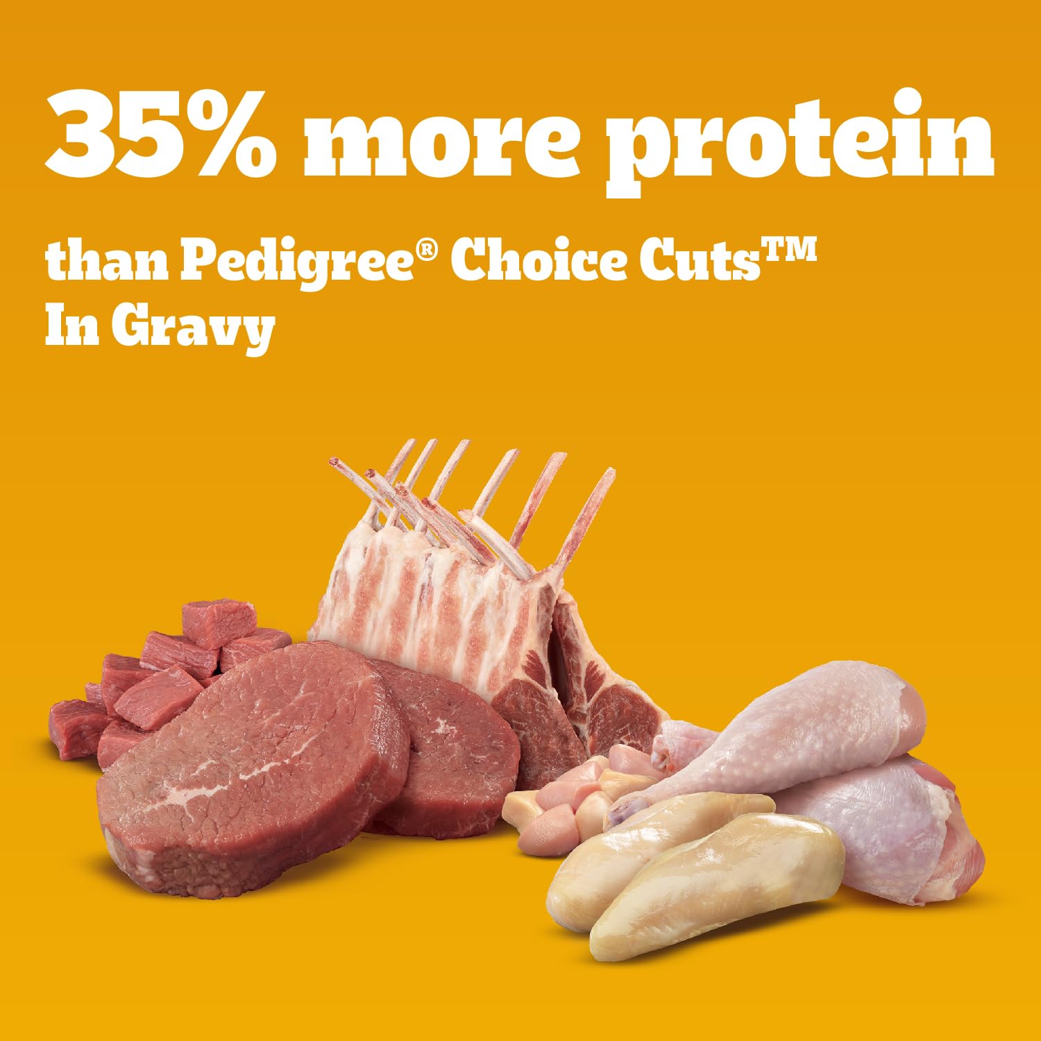 Pedigree High Protein wet dog food can label closeup highlights real meat ingredients.