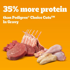 Pedigree High Protein wet dog food can label closeup highlights real meat ingredients.