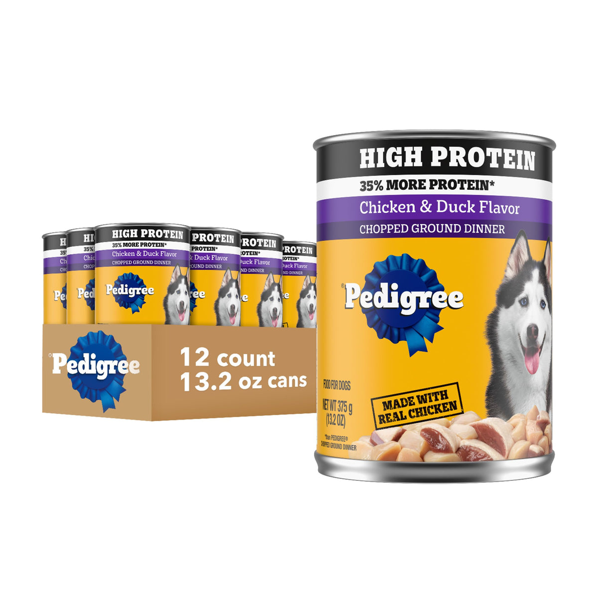 Pedigree High Protein wet dog food can showcases real chicken and duck in gravy.