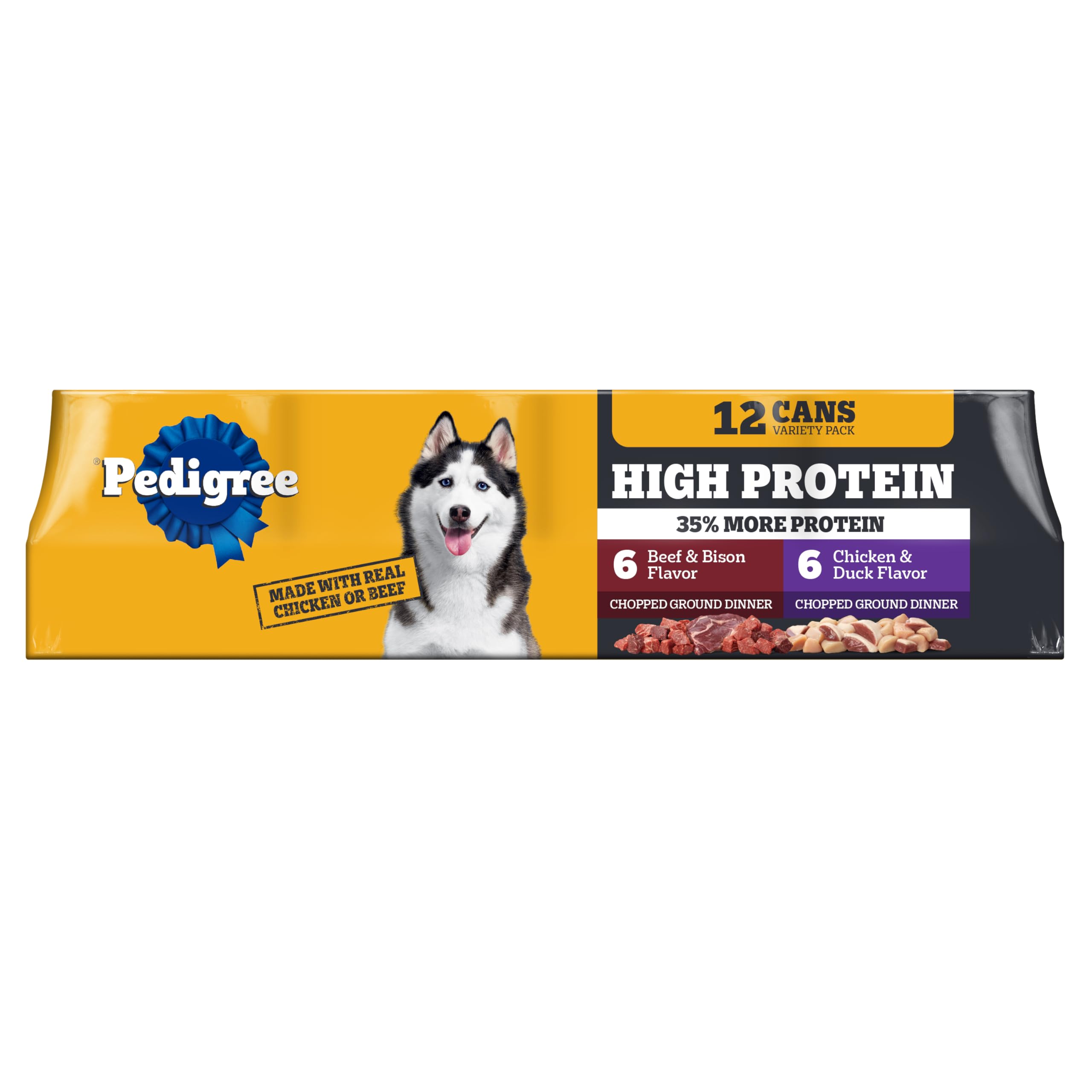 Pedigree High Protein wet dog food with chicken and duck chunks for adult dogs.