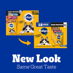 Pedigree High Protein chicken-turkey cuts in gravy pouch for adult dogs.