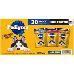 Pedigree High Protein pouch with beef and turkey cuts in gravy for adult dogs.