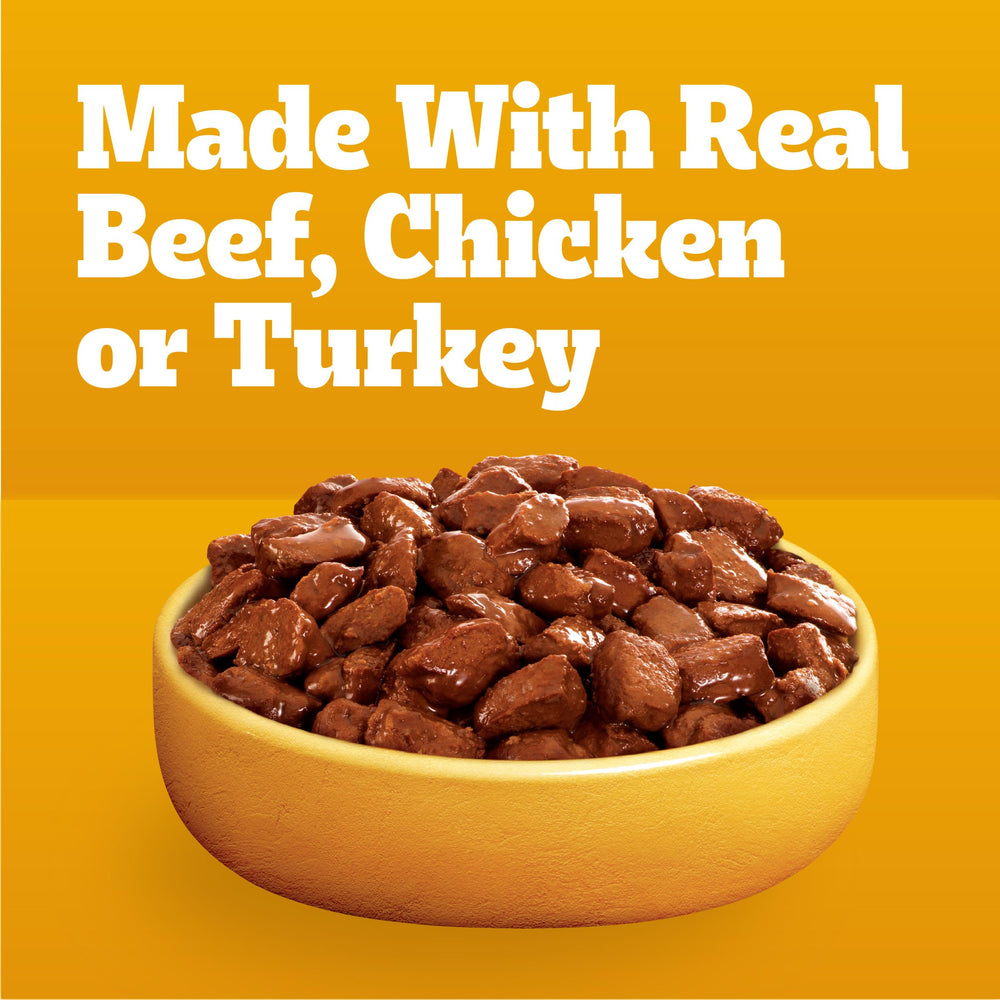 Pedigree High Protein pouch with chicken and beef cuts in gravy for meals or toppers.