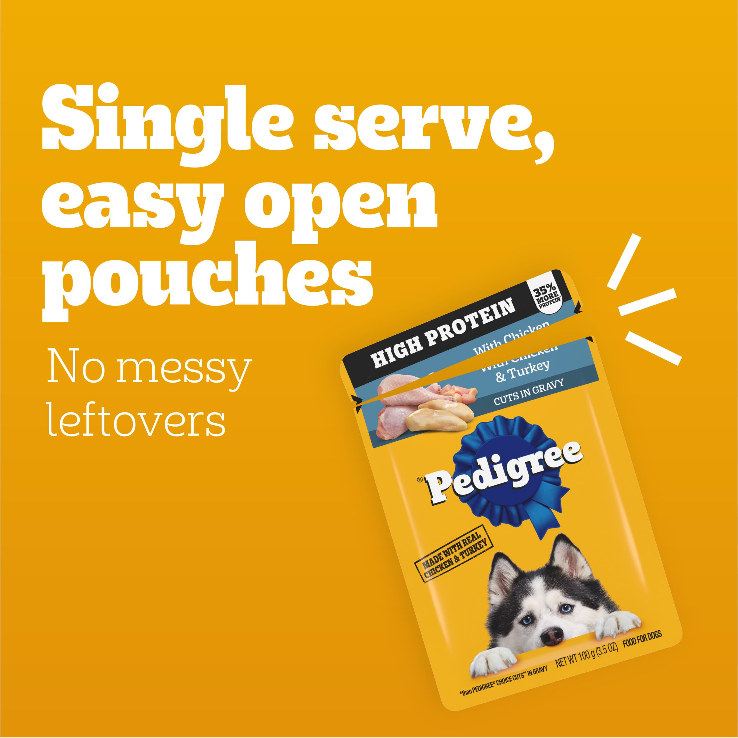 Pedigree High Protein 30-count pack front showing 3.5 oz pouches for convenient feeding.