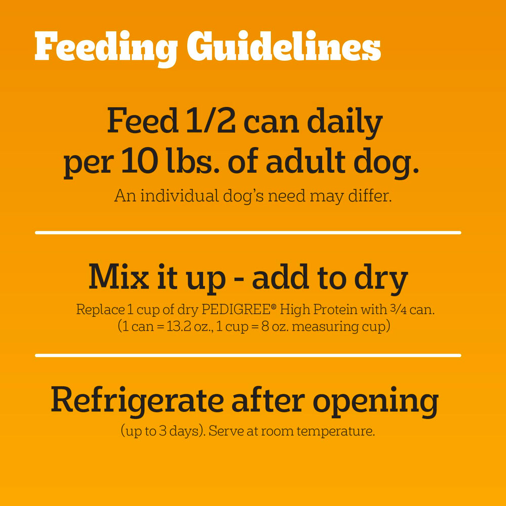 Pedigree High Protein label noting 40g protein per can.