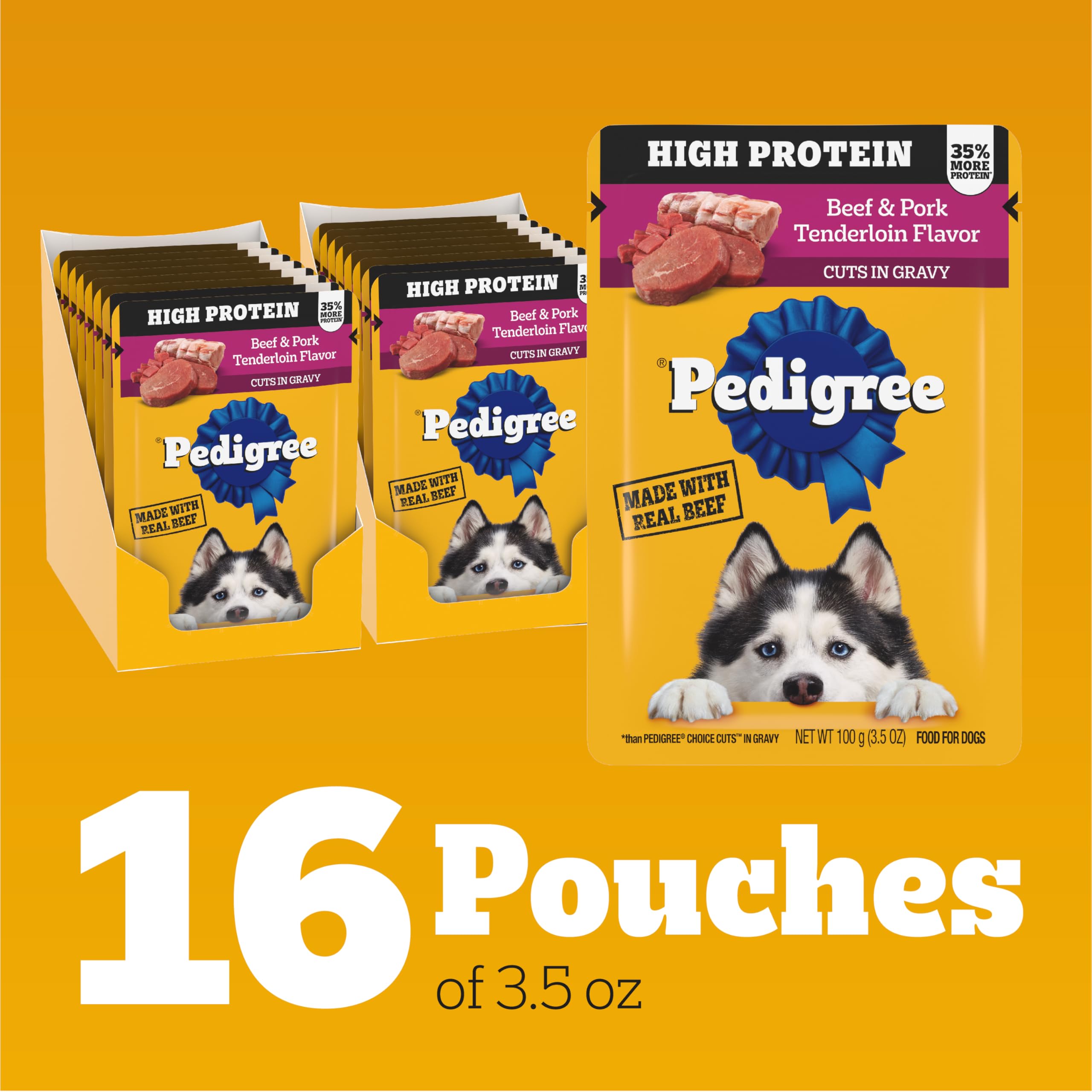 Pedigree High Protein steam-cooked beef chunks, savory texture for dogs