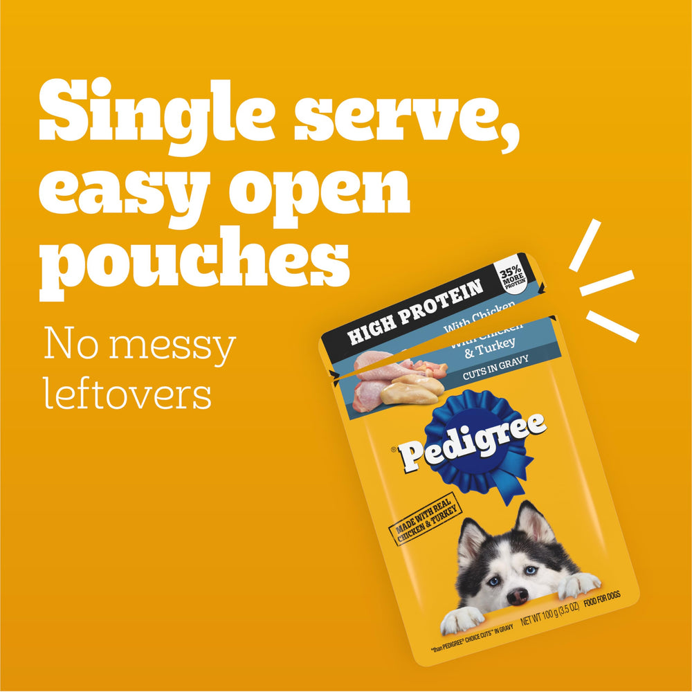 Pedigree High Protein wet food topper on dry kibble adds flavor.
