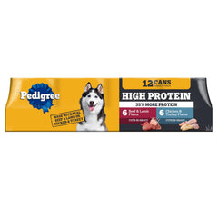 Pedigree High Protein wet dog food variety pack cans offer balanced adult nutrition.