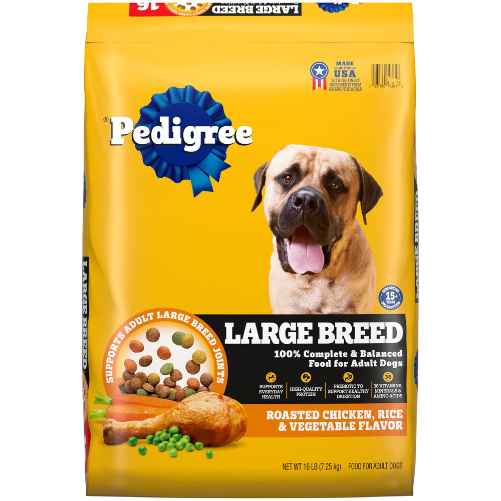 Pedigree Large Breed dry dog food bag front shows roasted chicken flavor for lean muscles