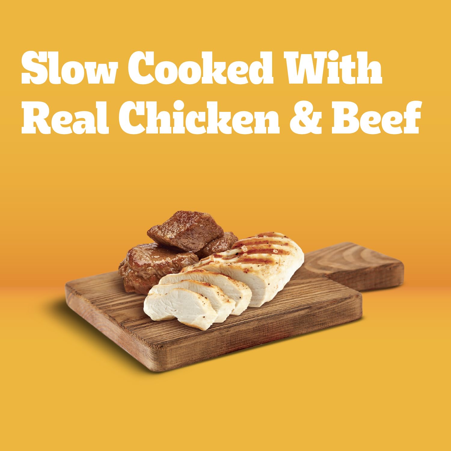 Pedigree Puppy Chopped Ground Dinner label closeup, premium real chicken and beef in every can