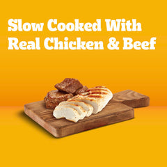 Pedigree Puppy Chopped Ground Dinner label closeup, premium real chicken and beef in every can