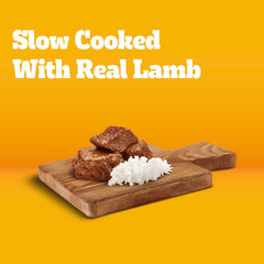 Pedigree Puppy Chopped Ground Dinner lamb and rice served in a bowl for balanced nutrition.