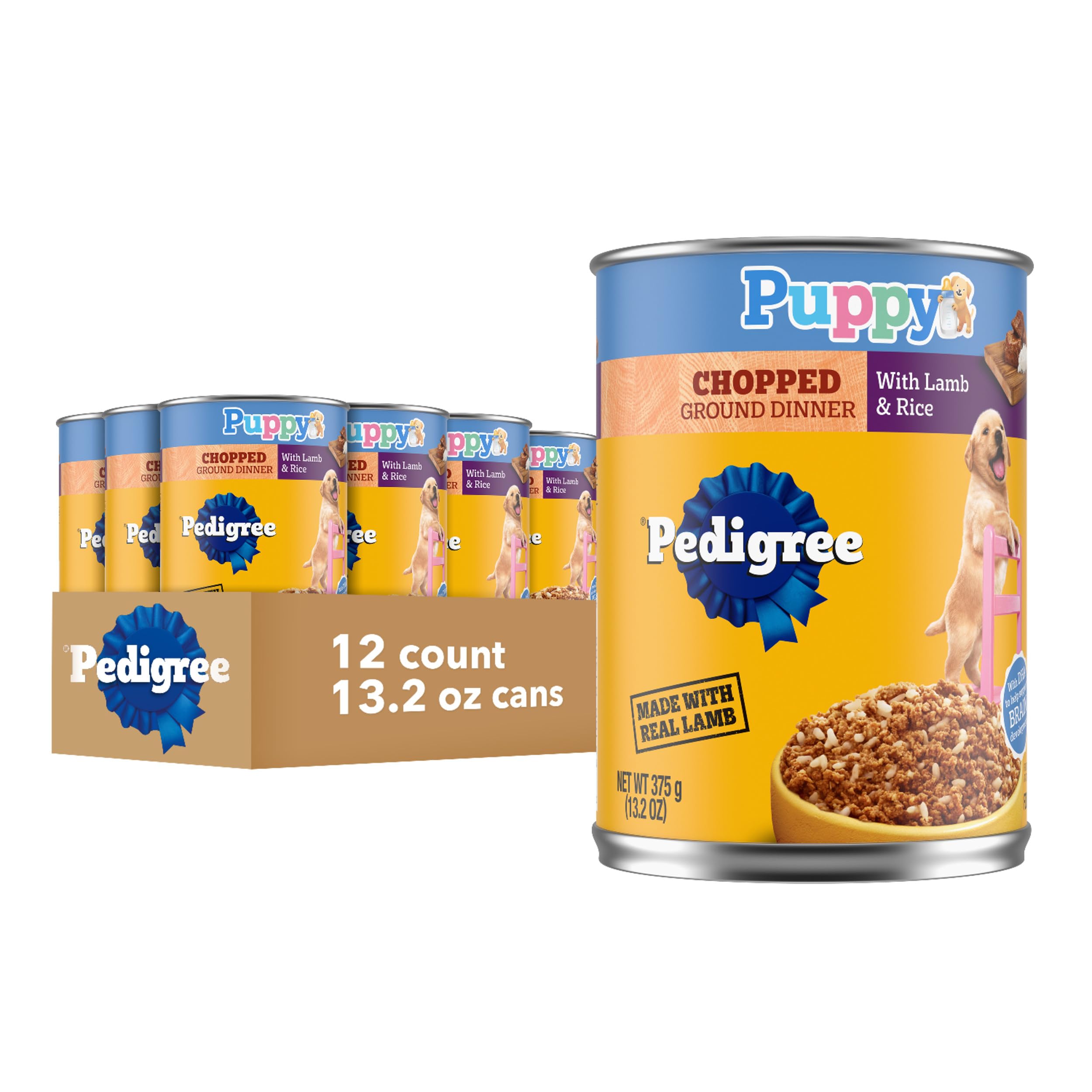 Pedigree Puppy Chopped Ground Dinner in an open can for easy feeding.