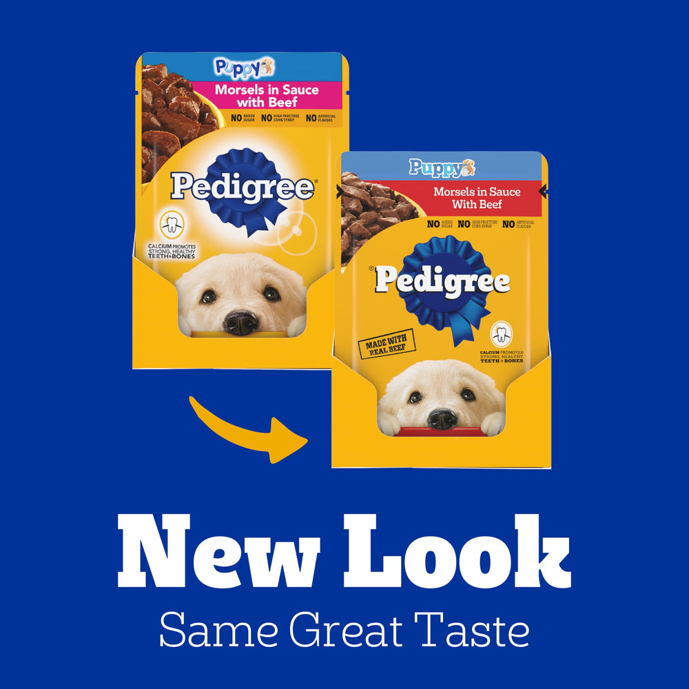 Pedigree Puppy Morsels in Sauce serving bowl with beef morsels ready