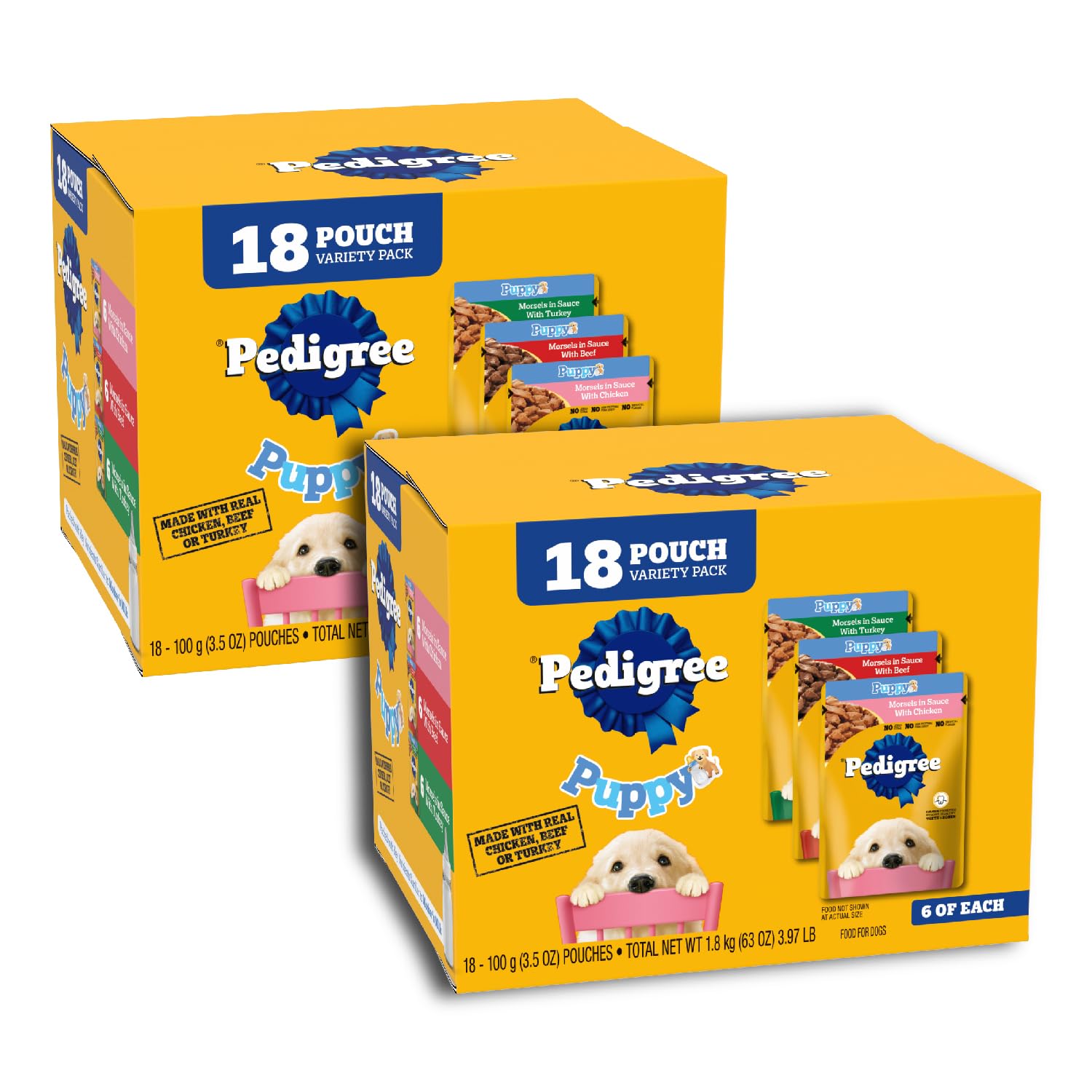 Pedigree Puppy Morsels in Sauce in a bowl, a complete meal for puppies.