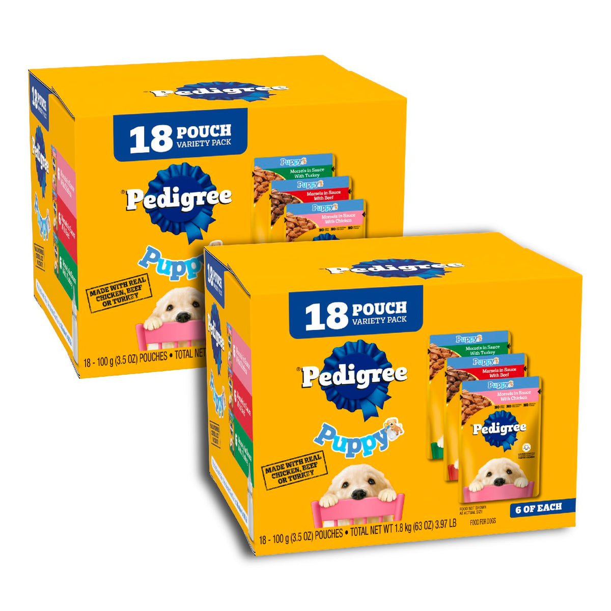 Pedigree Puppy Morsels in Sauce in a bowl, a complete meal for puppies.