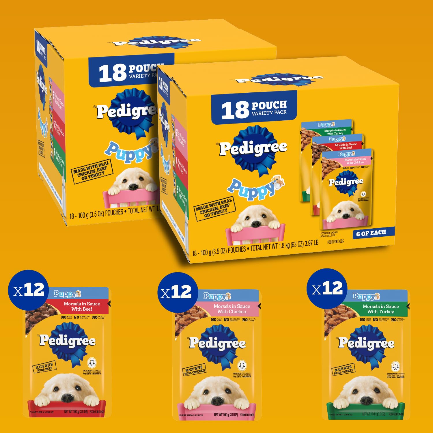 Pedigree Puppy Morsels in Sauce close-up with real chicken for growing puppies.