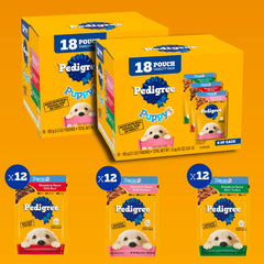 Pedigree Puppy Morsels in Sauce close-up with real chicken for growing puppies.