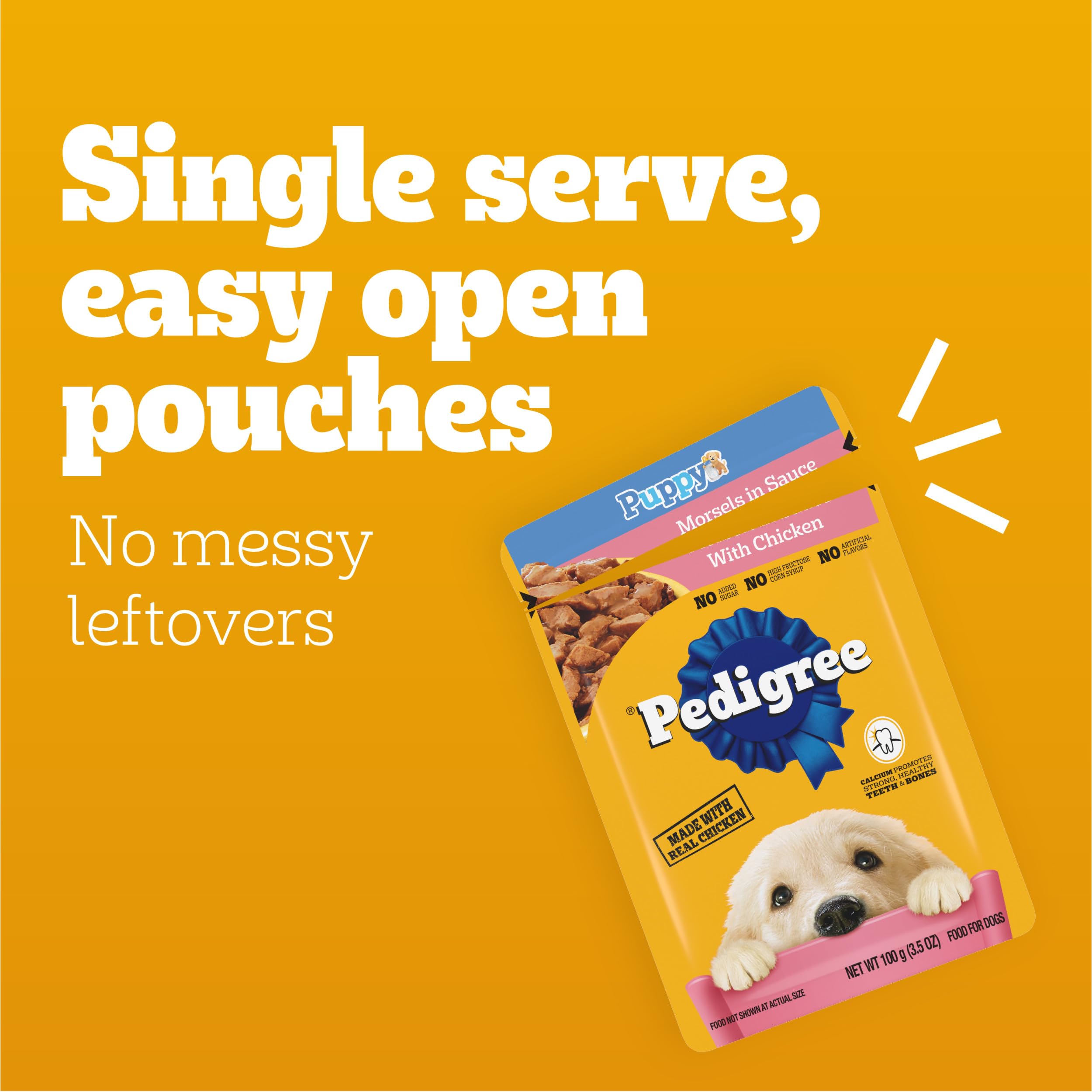 Pedigree Puppy Morsels in Sauce variety-pack packaging on shelf.