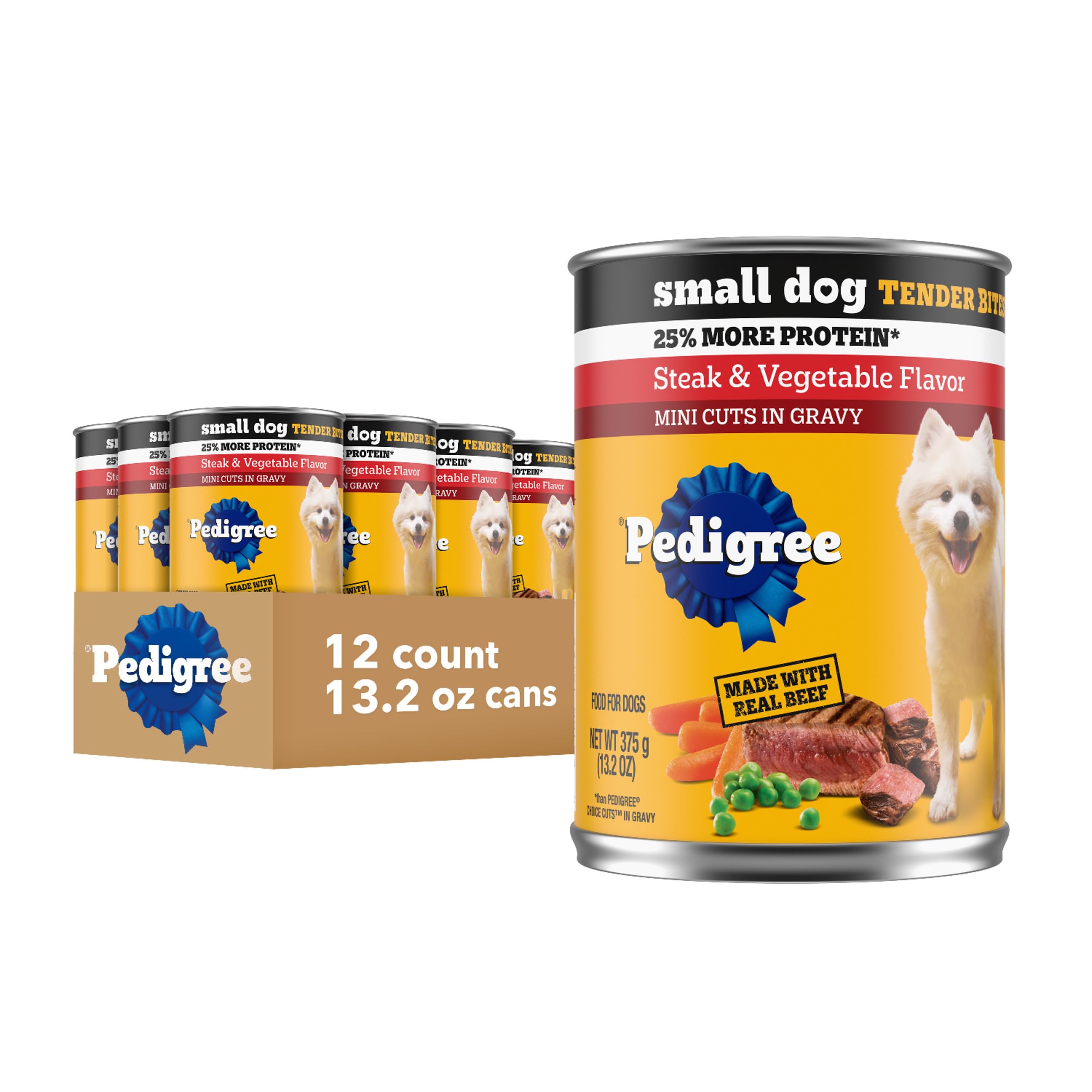 Pedigree small dog tender bites in gravy can with steak and vegetables for a satisfying meal