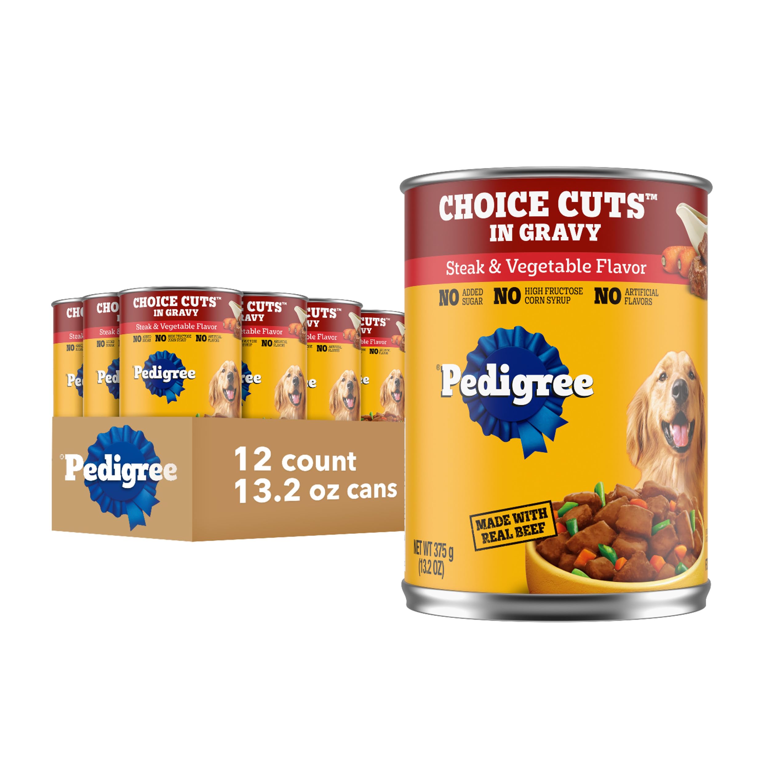 Pedigree steak-vegetables canned dog food 13oz presents a hearty adult meal with real protein.