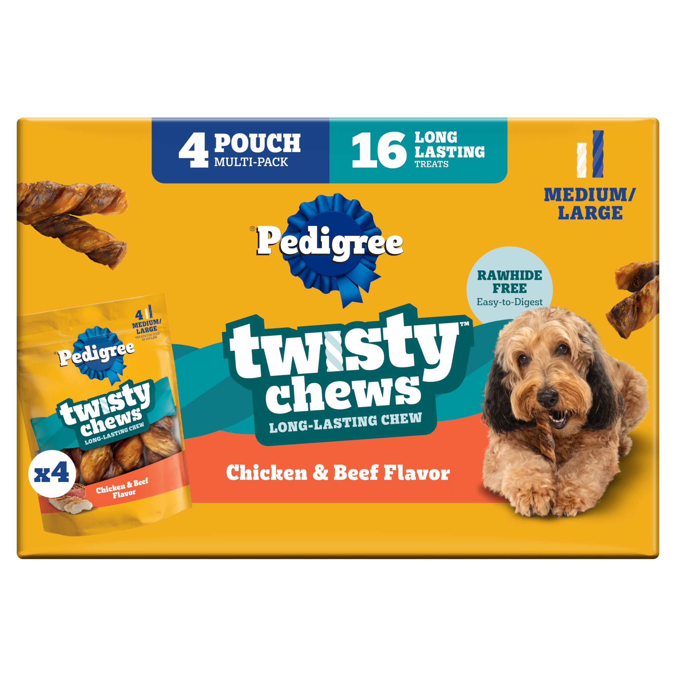 Pedigree Twisty Chews packaging for large dogs, four-pouch bundle for daily rewards