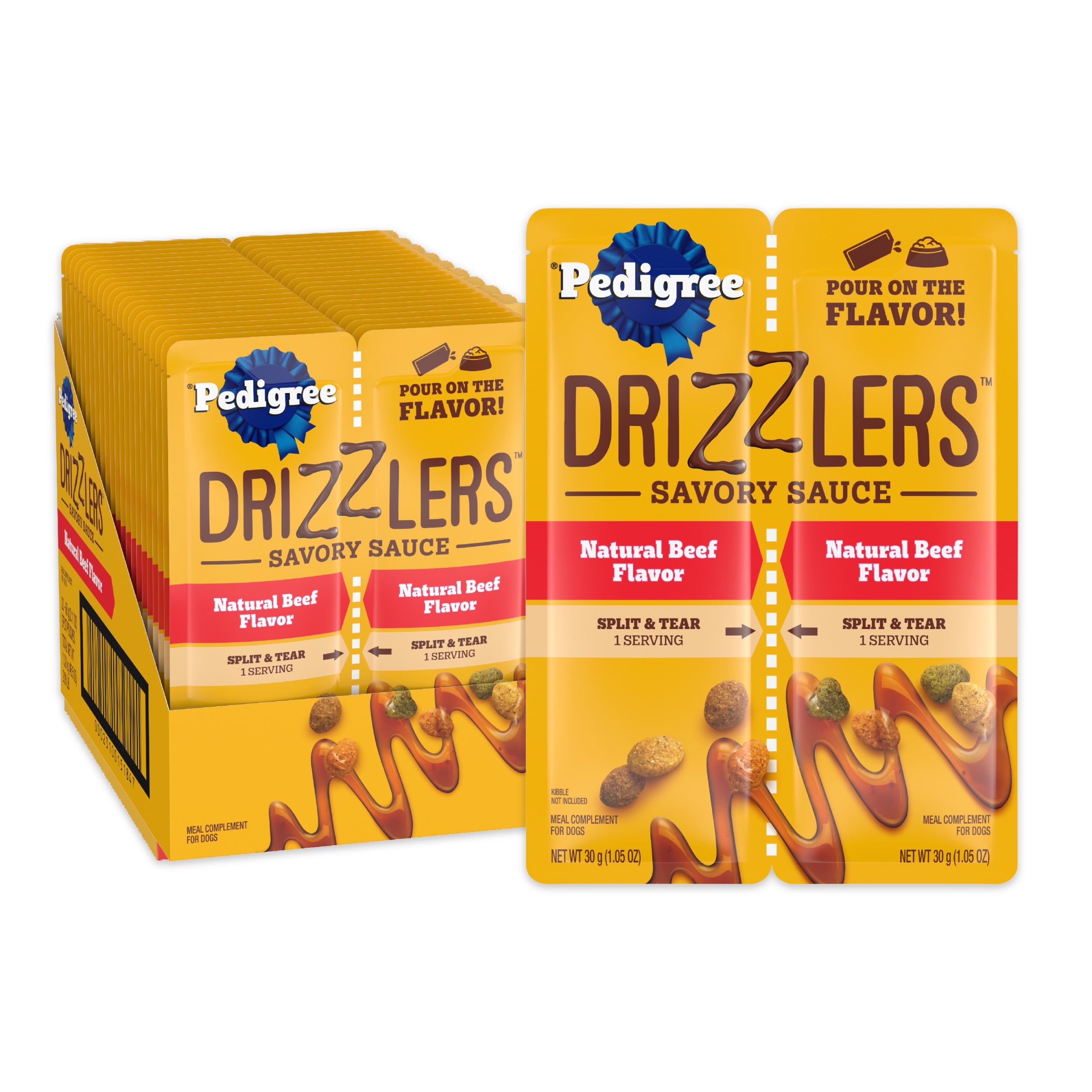 Pedigree Drizzlers dual-serving pouch closeup for convenient design.