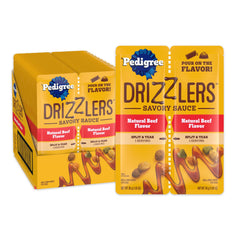 Pedigree Drizzlers dual-serving pouch closeup for convenient design.