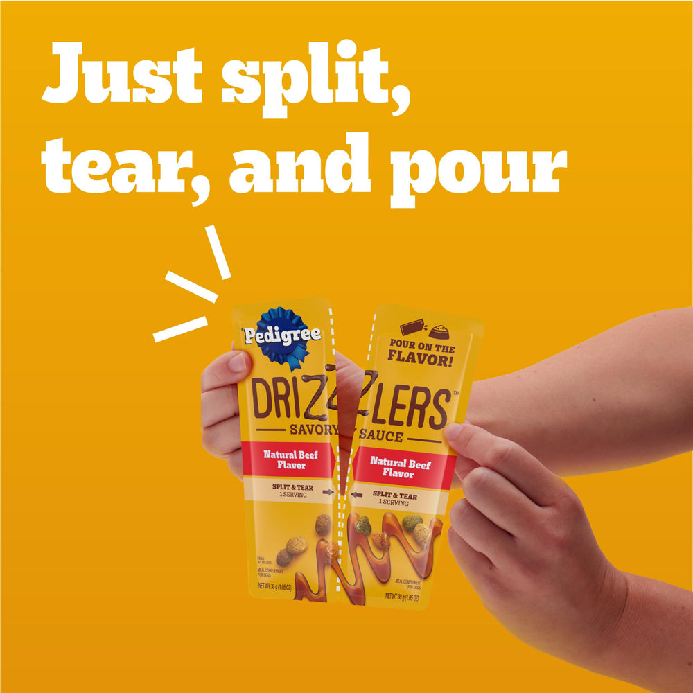 Pedigree Drizzlers tear-open pouch ready to pour onto dry kibble.