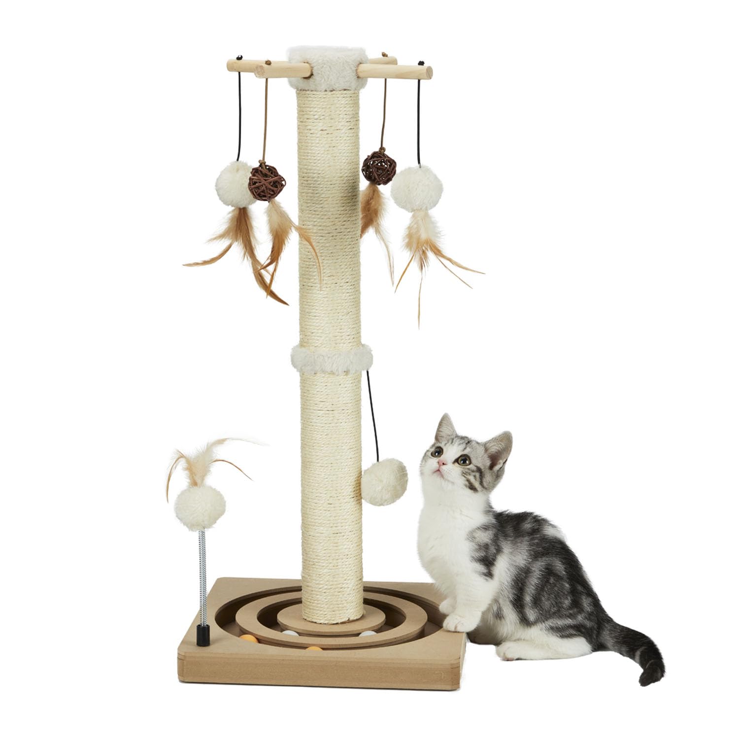 PEEKAB cat scratching post with base tracking ball encourages interactive play.