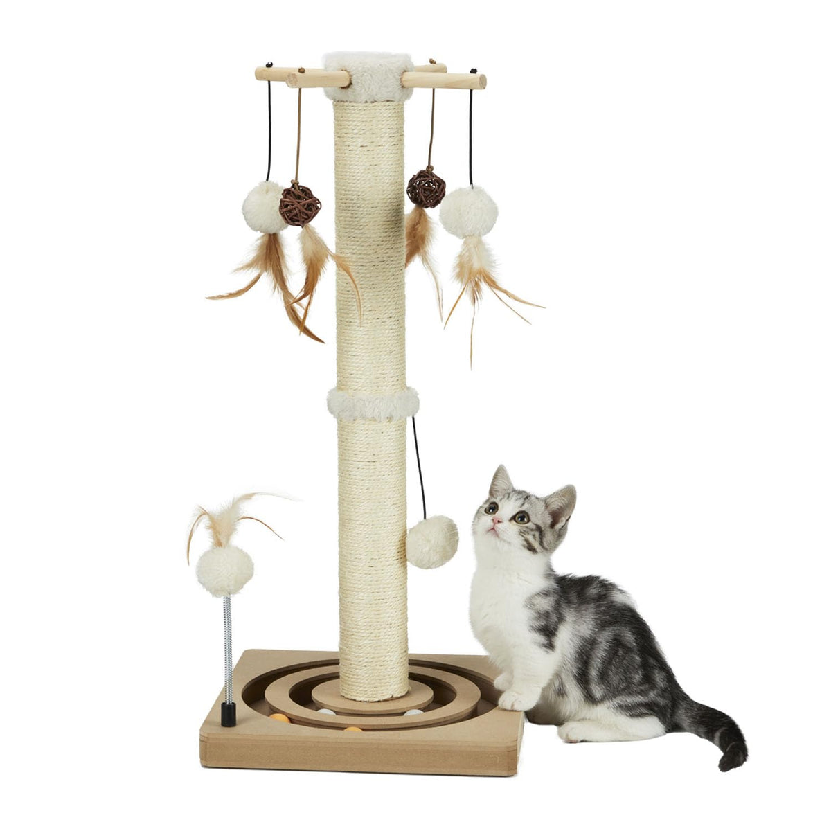 PEEKAB cat scratching post with base tracking ball encourages interactive play.