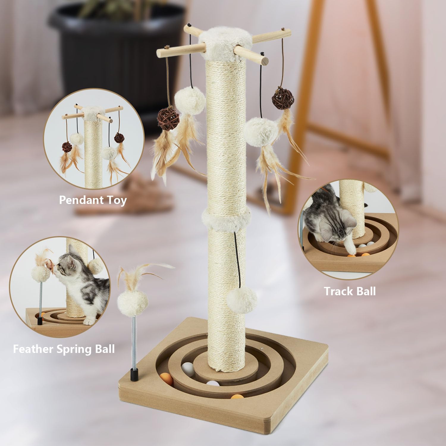 PEEKAB post features four top hanging balls for playful engagement.