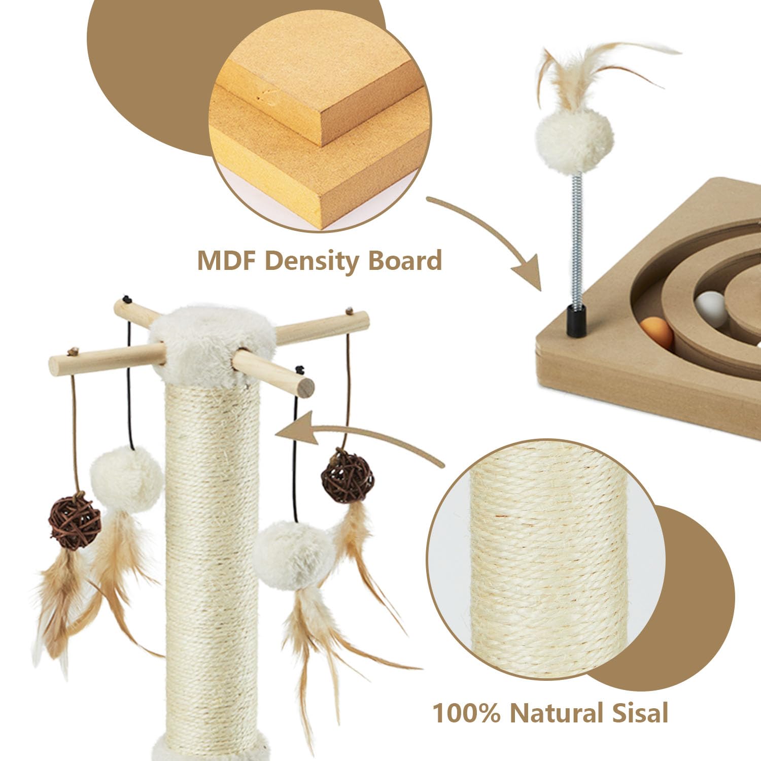 PEEKAB cat scratching post includes spring ball for extra activity.