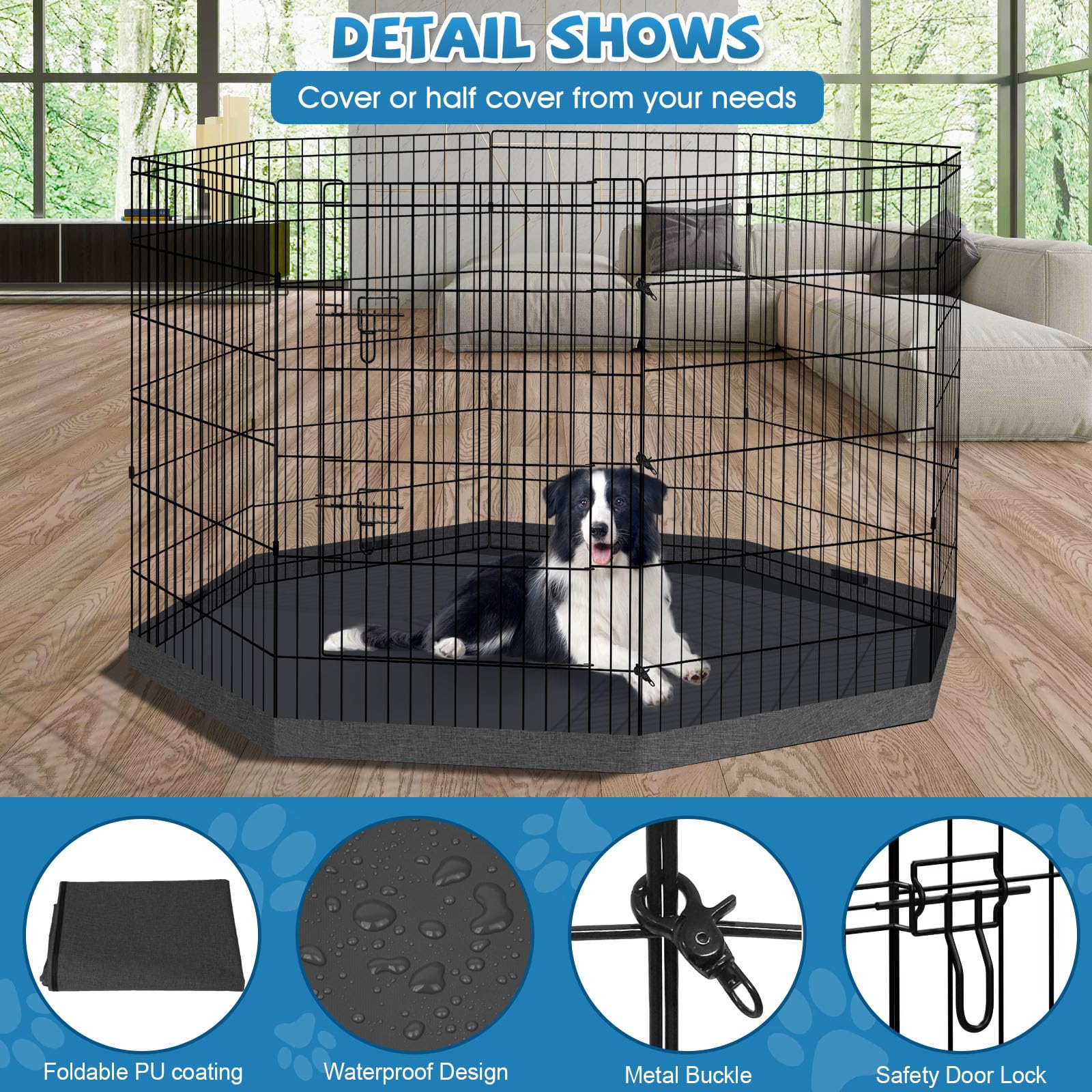Peekaboo dog pen ground stakes prevent shifting outdoors.