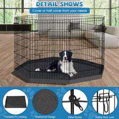 Peekaboo dog pen ground stakes prevent shifting outdoors.