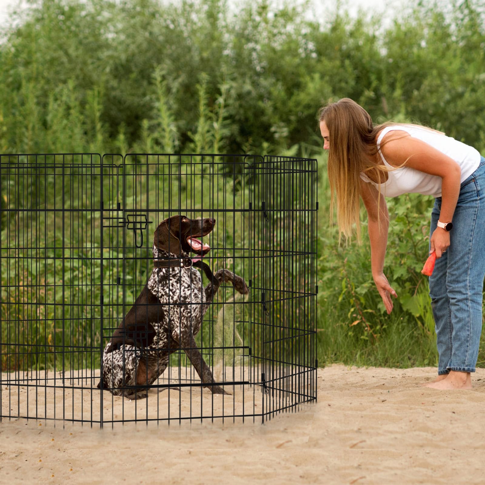 Peekaboo dog pen configured as a safe indoor and outdoor enclosure.