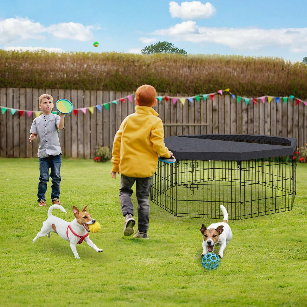 Peekaboo dog pen top cover protecting pets during outdoor use.