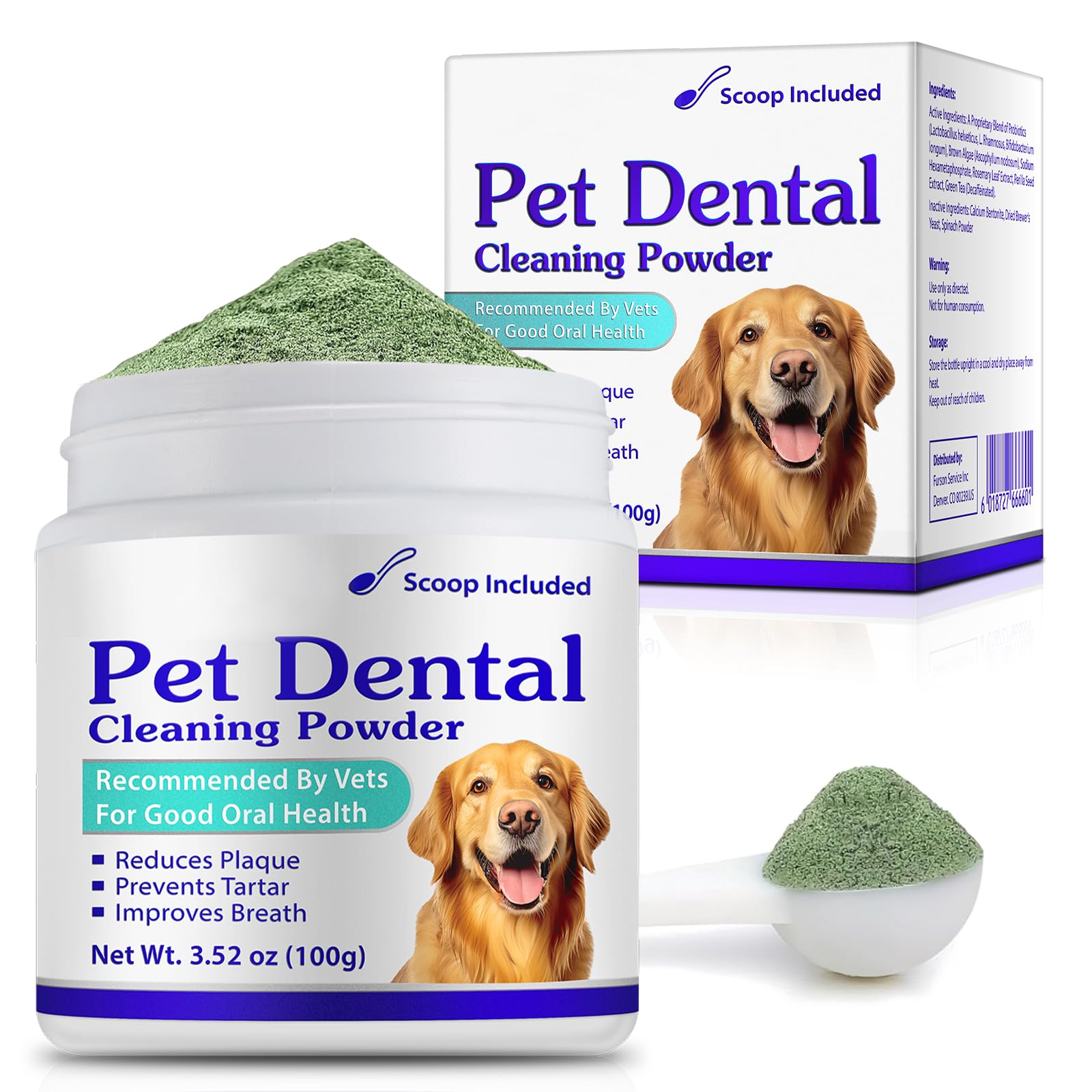 Peesnb dog teeth cleaning powder being poured for easy tartar control.