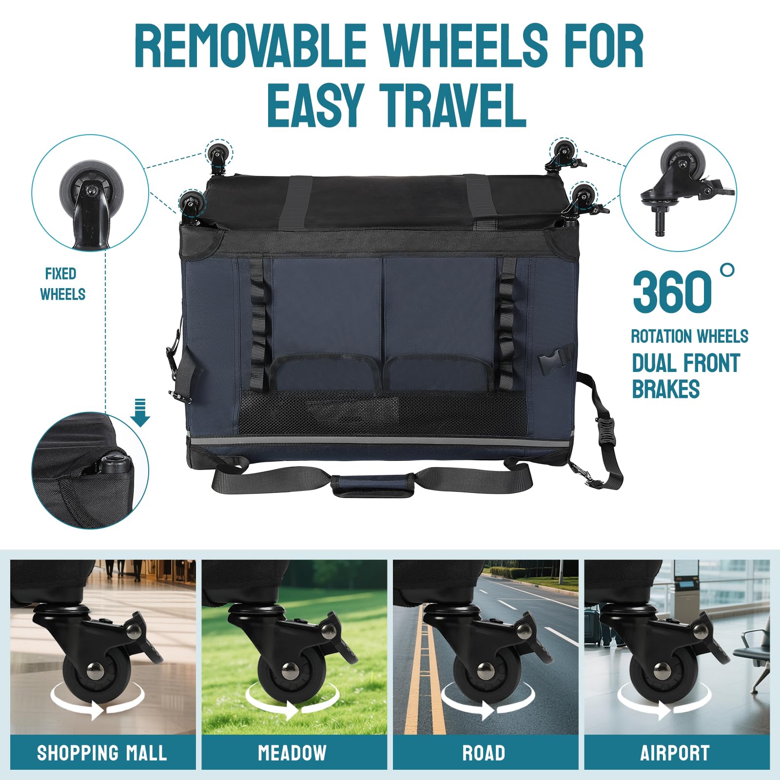 PEGIC cat carrier with removable wheels for smooth airport transfers.