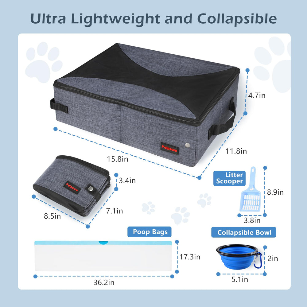 Collapsible gray litter box by Peipaws folds flat for travel.