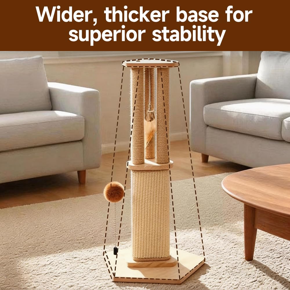 Thickened wood base on PEITA PET post adds stability during vigorous scratching