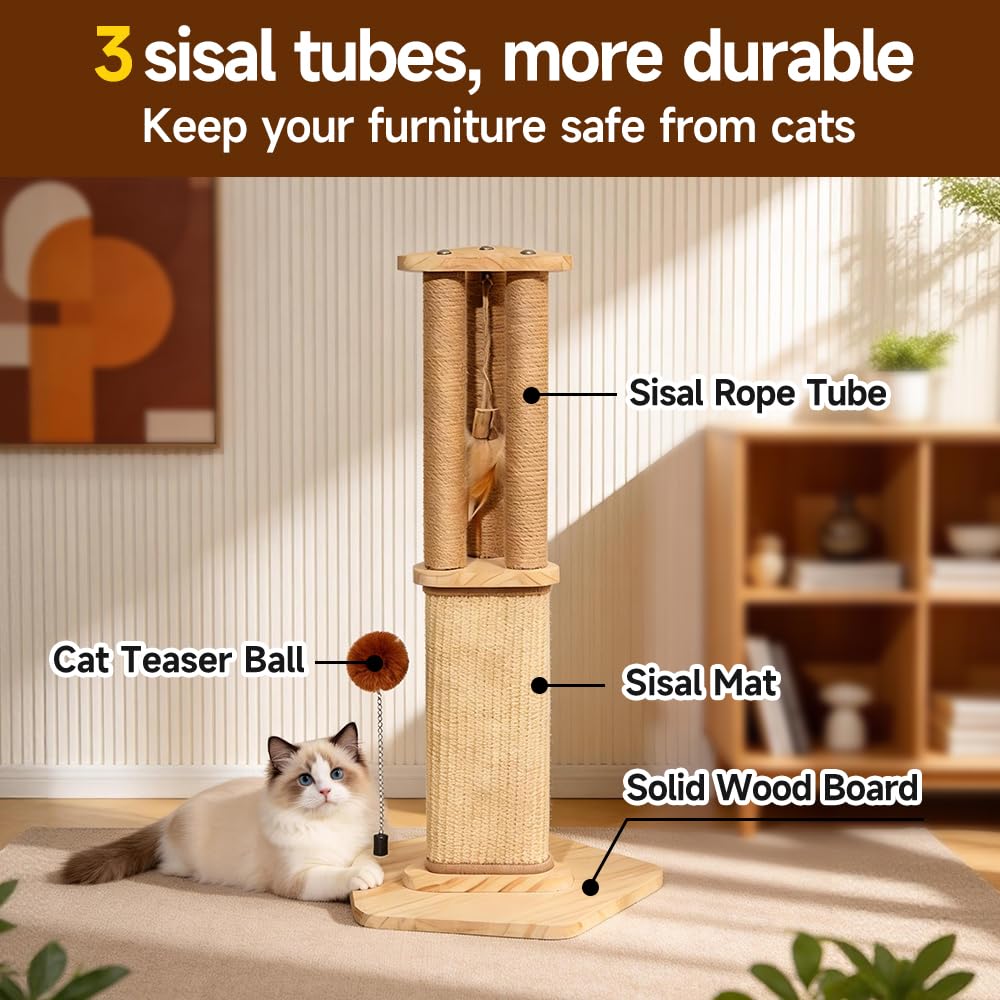 Three hemp rope tubes on PEITA PET post offer varied textures for scratching and climbing